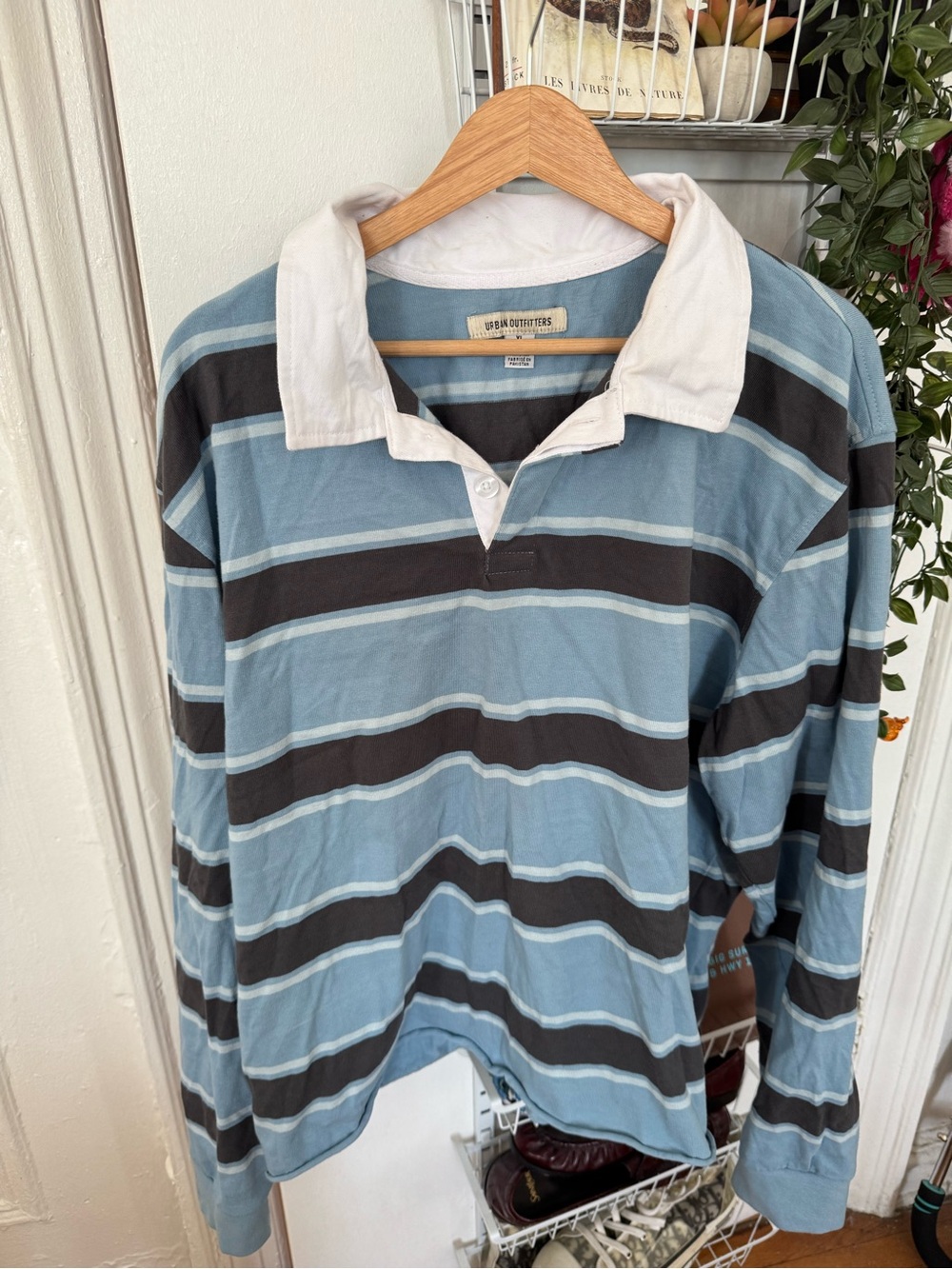 Urban Outfitters Light Blue & Black Striped Rugby Polo with White Collar
